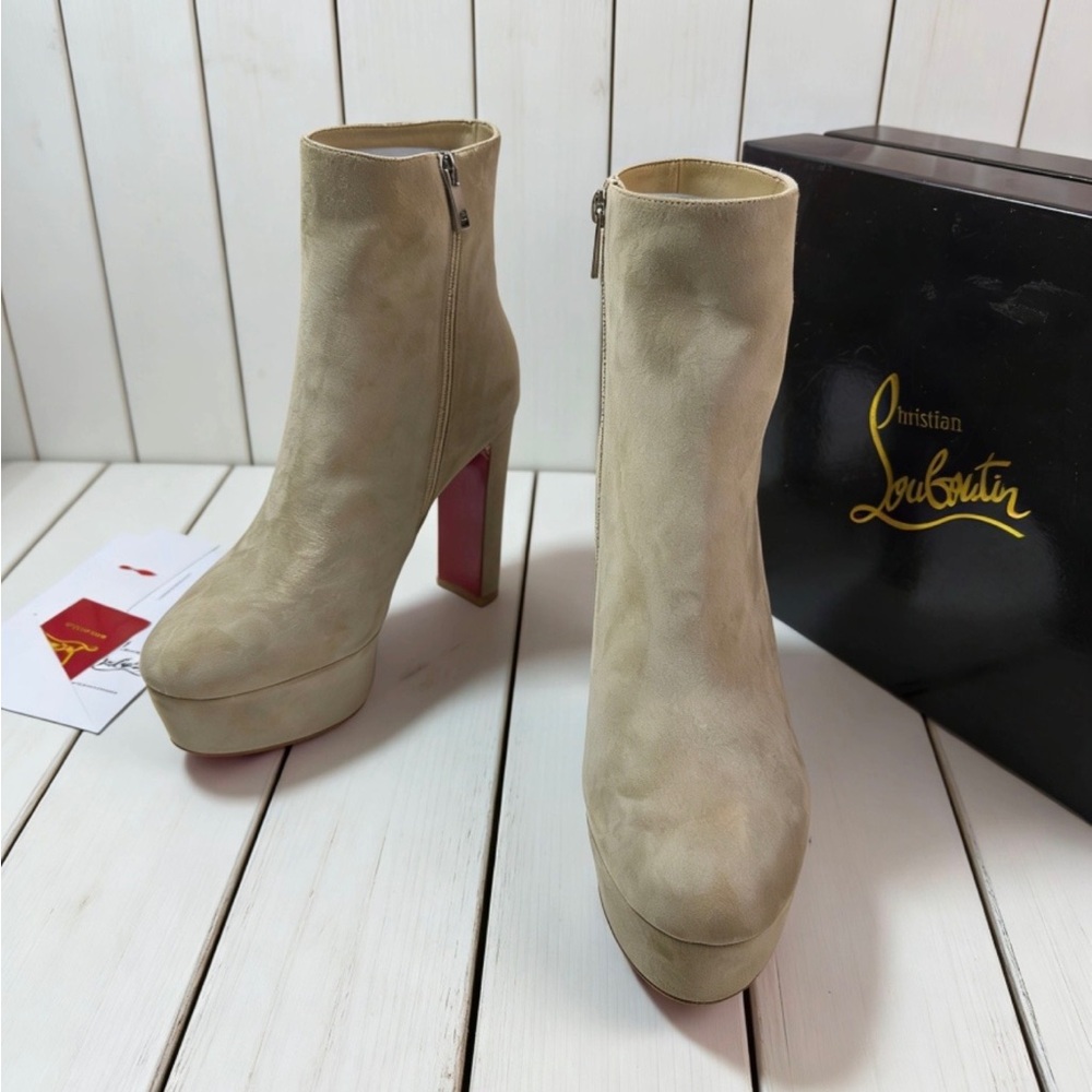 Women's Christian Louboutin Beige Suede Platform Ankle Boots with Red Soles
